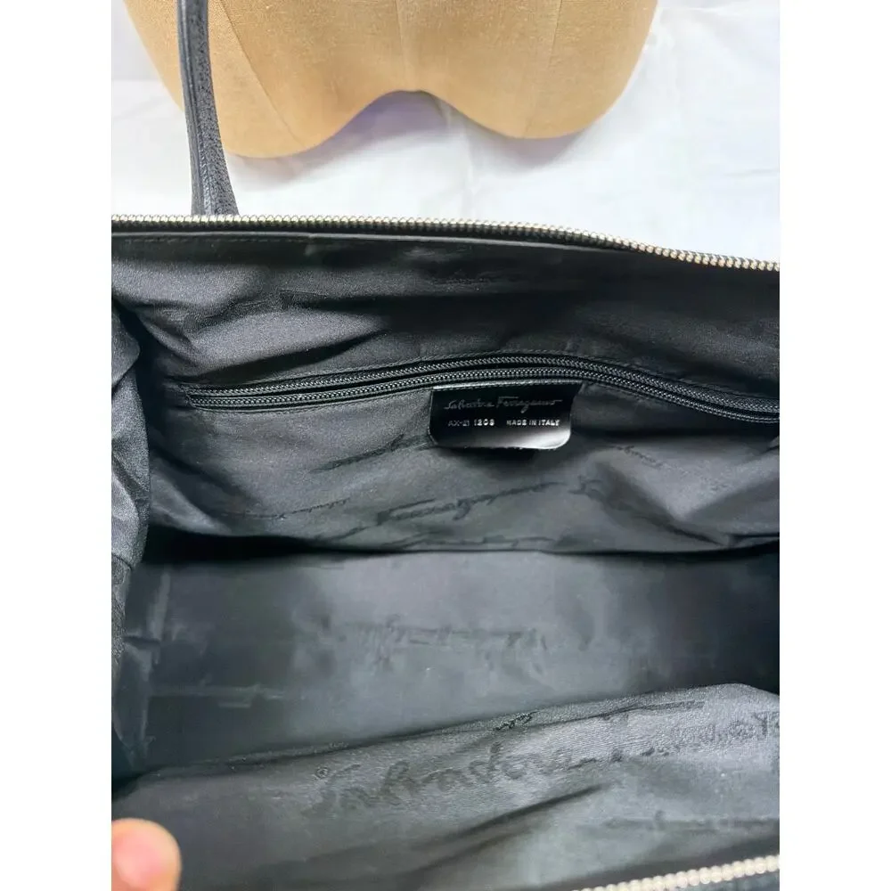 Salvatore Ferragamo Vintage Black Nylon Leather Trim Zip Top Shoulder Bag